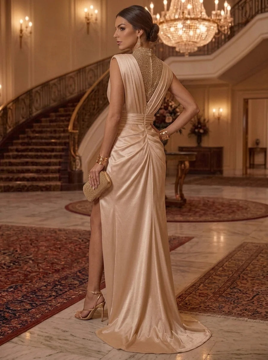 Glamorous Sheath Plunging V Neck Sleeveless Satin Floor Length Evening Dress