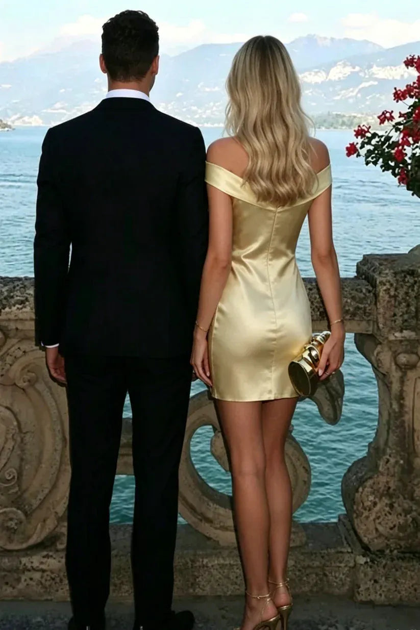 Elegant Satin Sheath Sweetheart Off Shoulder Zipper Back Mini Homecoming Dress