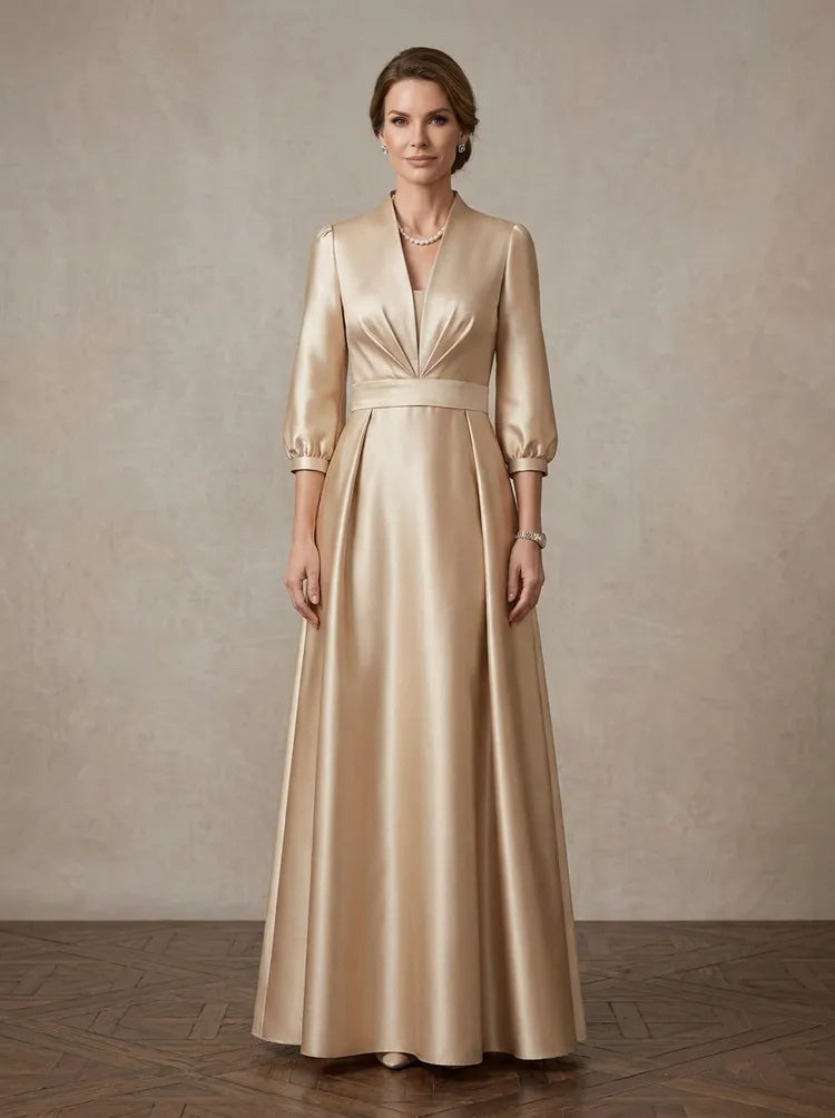 Loverlm champagne satin Mother of the Bride dress with V-neck three-quarter sleeves gathered bodice and floor-length A-line skirt