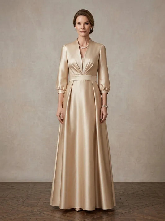 Loverlm champagne satin Mother of the Bride dress with V-neck three-quarter sleeves gathered bodice and floor-length A-line skirt