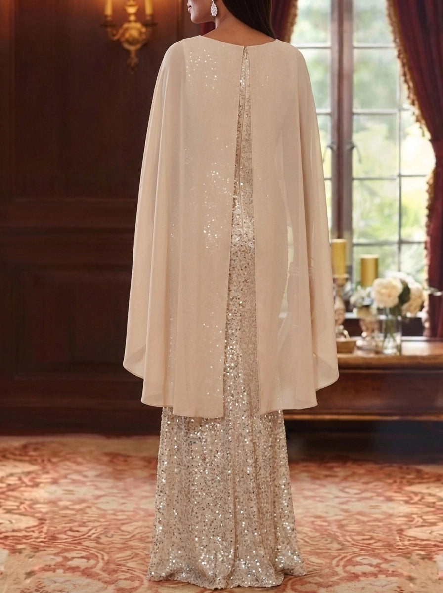 Elegant Column Round Neck Cape Sleeve Closed Back Straight Hem Floor Length Mother of the Bride Dress