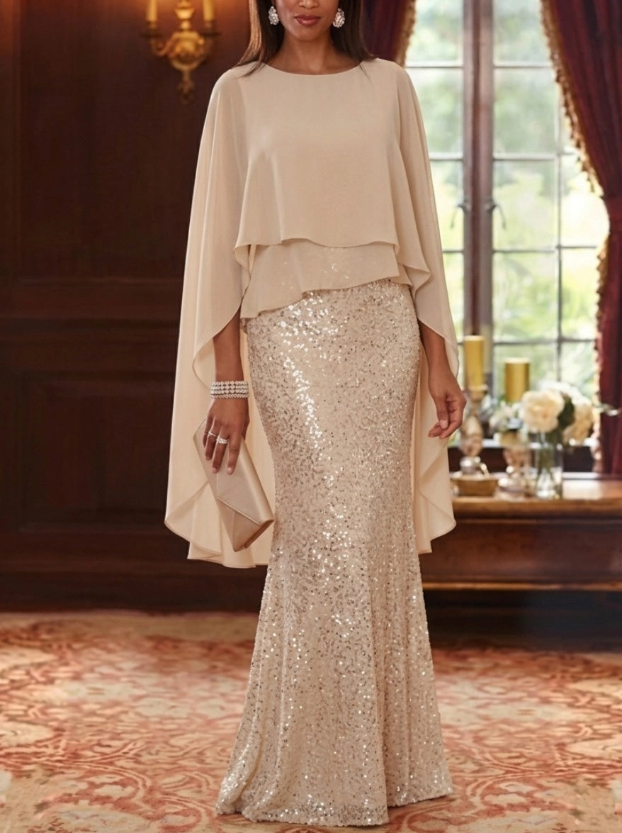 Elegant Column Round Neck Cape Sleeve Closed Back Straight Hem Floor Length Mother of the Bride Dress