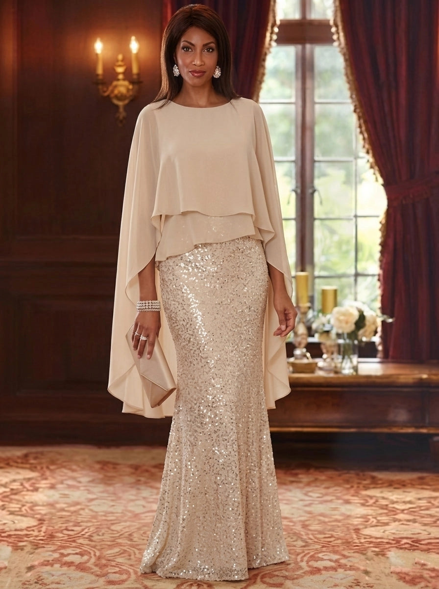 Loverlm champagne sequin Mother of the Bride Dress with round neckline flowing chiffon cape sleeves and floor length silhouette