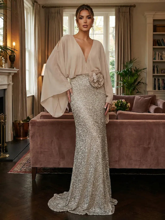 Loverlm champagne mother of the bride dress with V-neck cape sleeves floral waist accent and floor-length sequin skirt