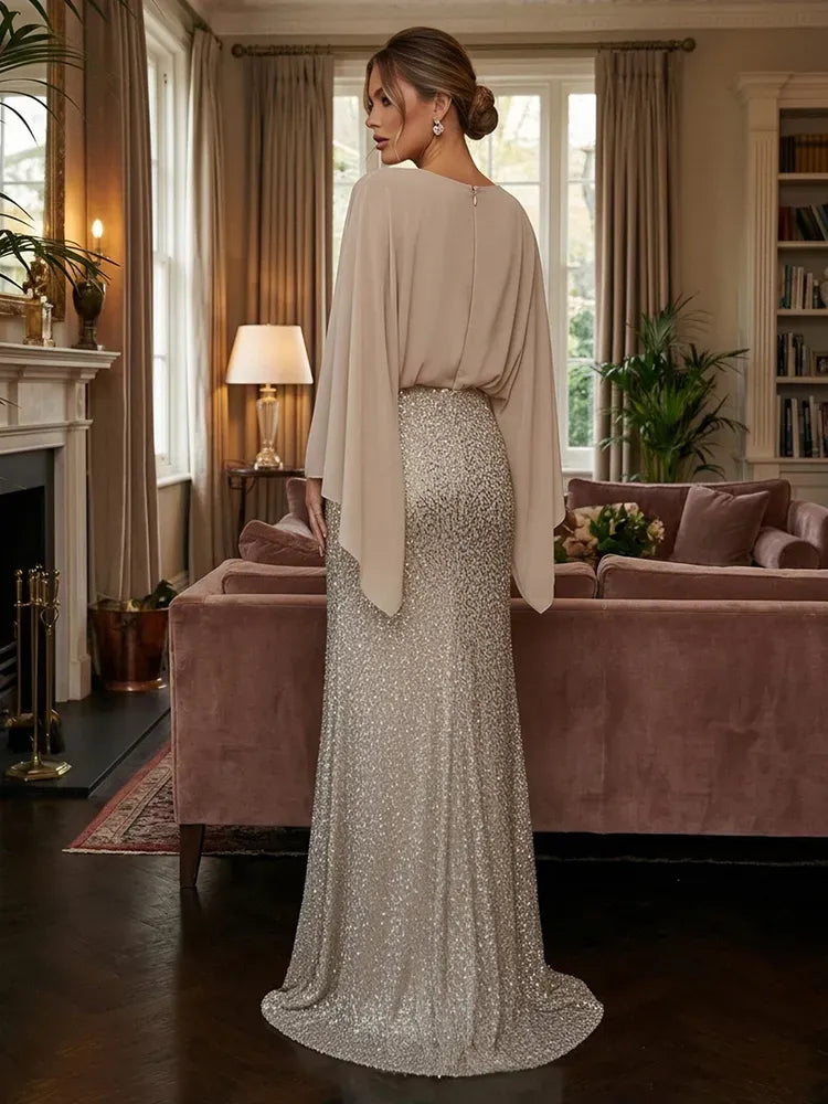 Elegant Sheath V-Neck Cape-Sleeve Closed-Back Sequin Floor-Length Mother of Bride Dress