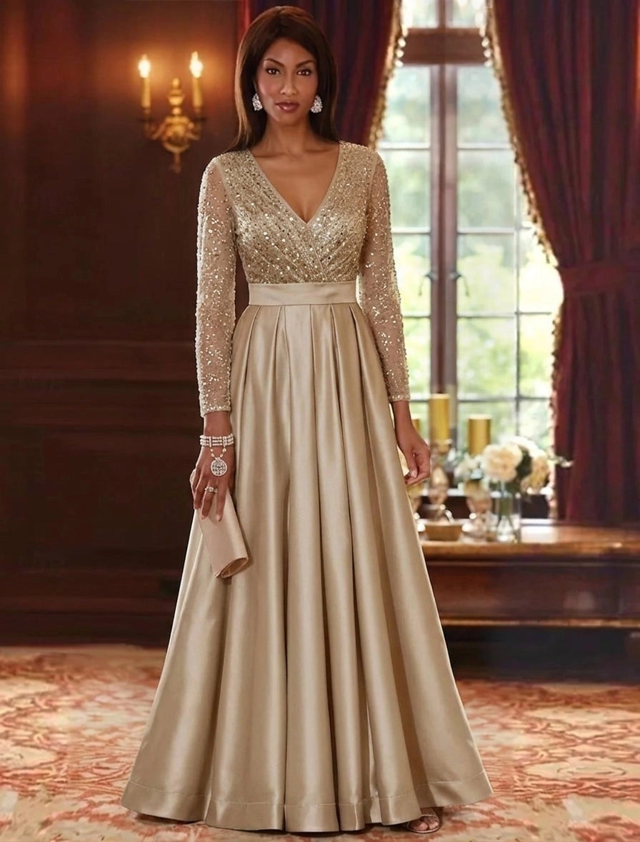 Loverlm champagne V-neck sequin long sleeve A-line Mother of the Bride dress front view