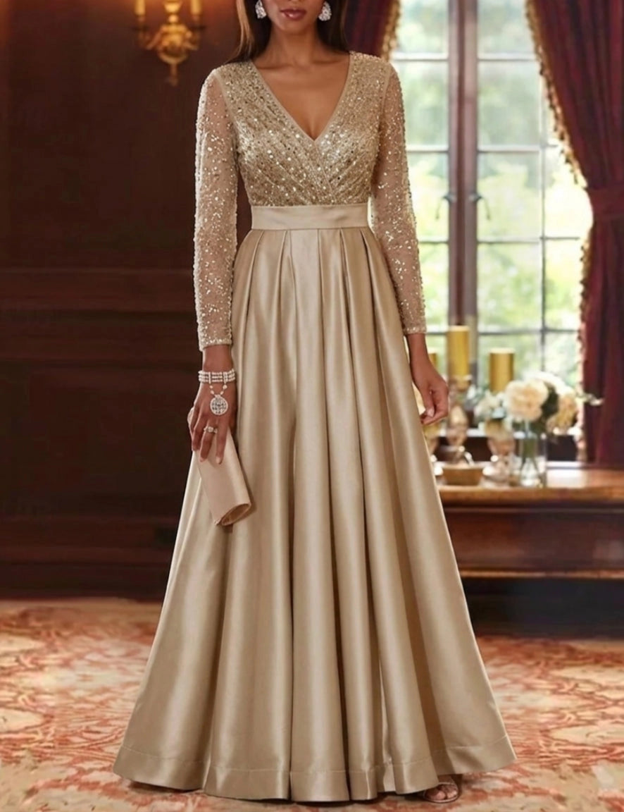 Glamorous A-Line V-Neck Long Sleeve Zipper Back Sequin Floor Length Mother of the Bride Dress
