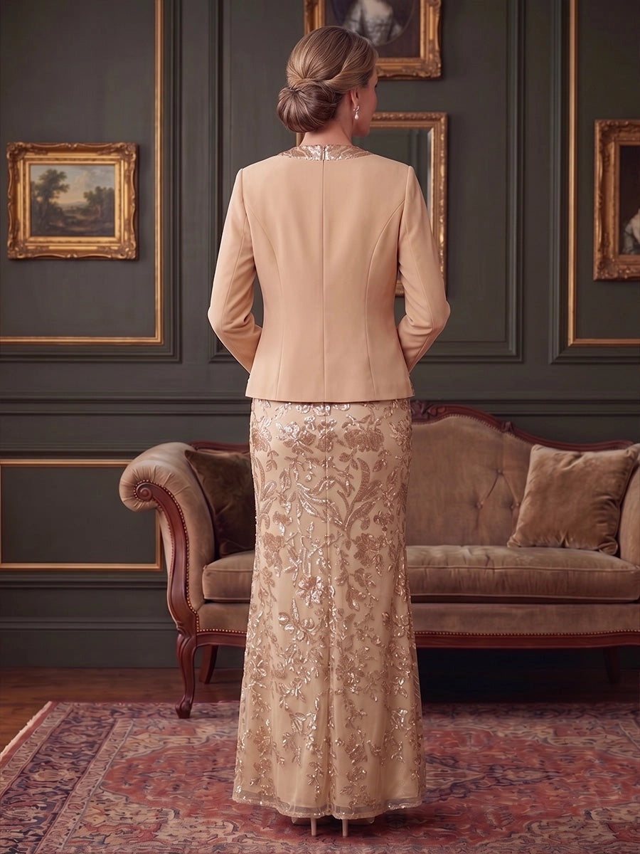 Elegant Column Square Neck Long Sleeve Closed Back Straight Hem Floor Length Mother of the Bride Dress