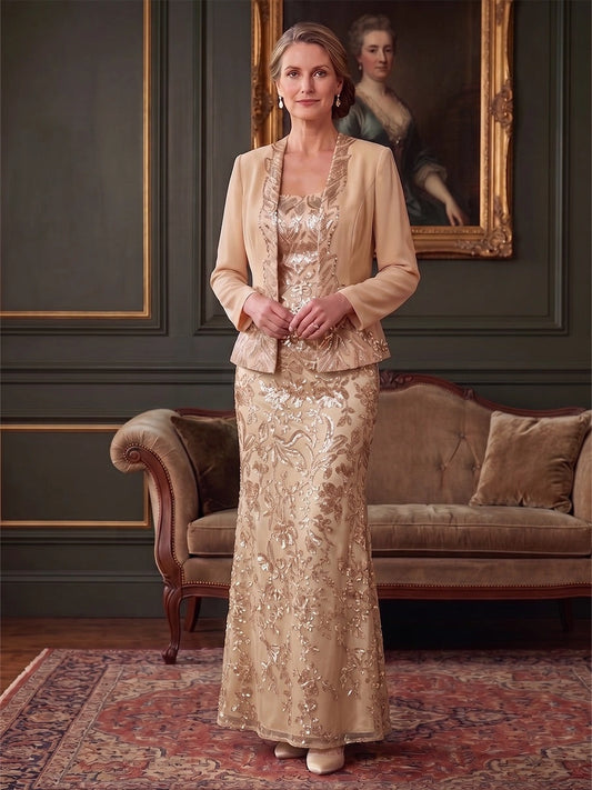 Loverlm champagne sequin Mother of the Bride Dress with long sleeve jacket and floor length column skirt