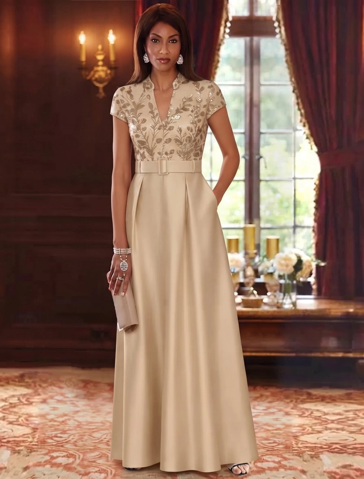 Champagne A-line Mother of the Bride Dress with gold sequin bodice and side pockets by Loverlm