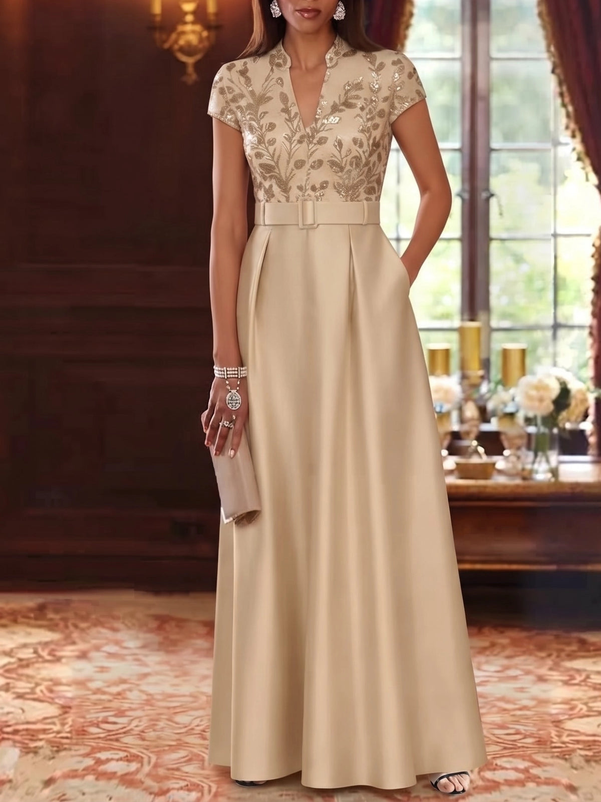 Elegant A-Line V-Neck Cap Sleeve Covered Back Flowing Hem Floor Length Mother of the Bride Dress