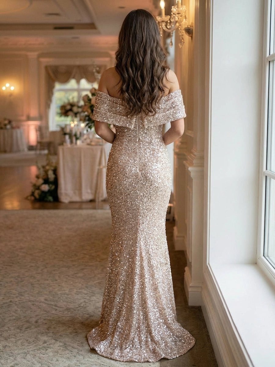 Glamorous Mermaid Off-Shoulder Short-Sleeve Zipper-Back Floor-Length Evening Dress