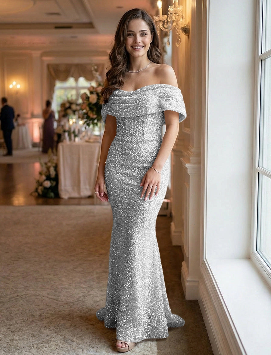 Glamorous Mermaid Off-Shoulder Short-Sleeve Zipper-Back Floor-Length Evening Dress