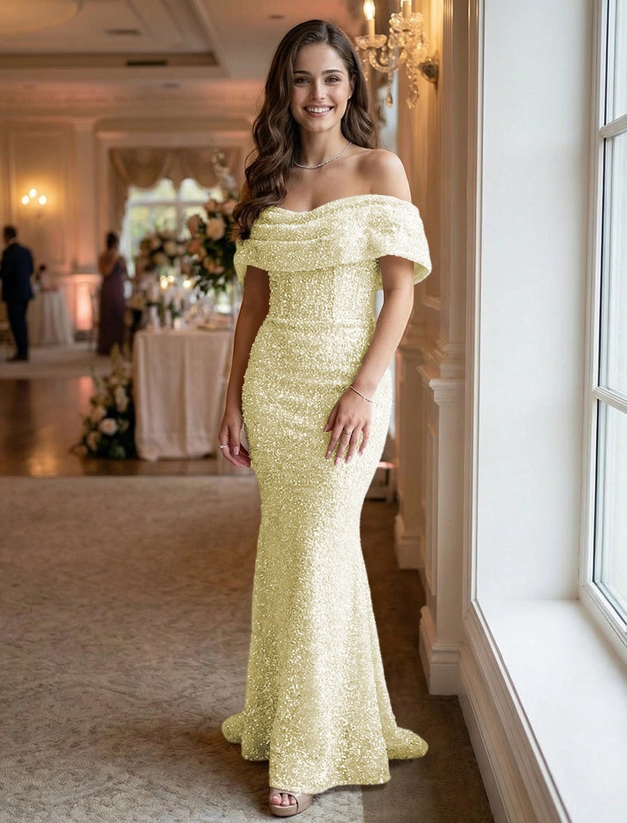 Glamorous Mermaid Off-Shoulder Short-Sleeve Zipper-Back Floor-Length Evening Dress