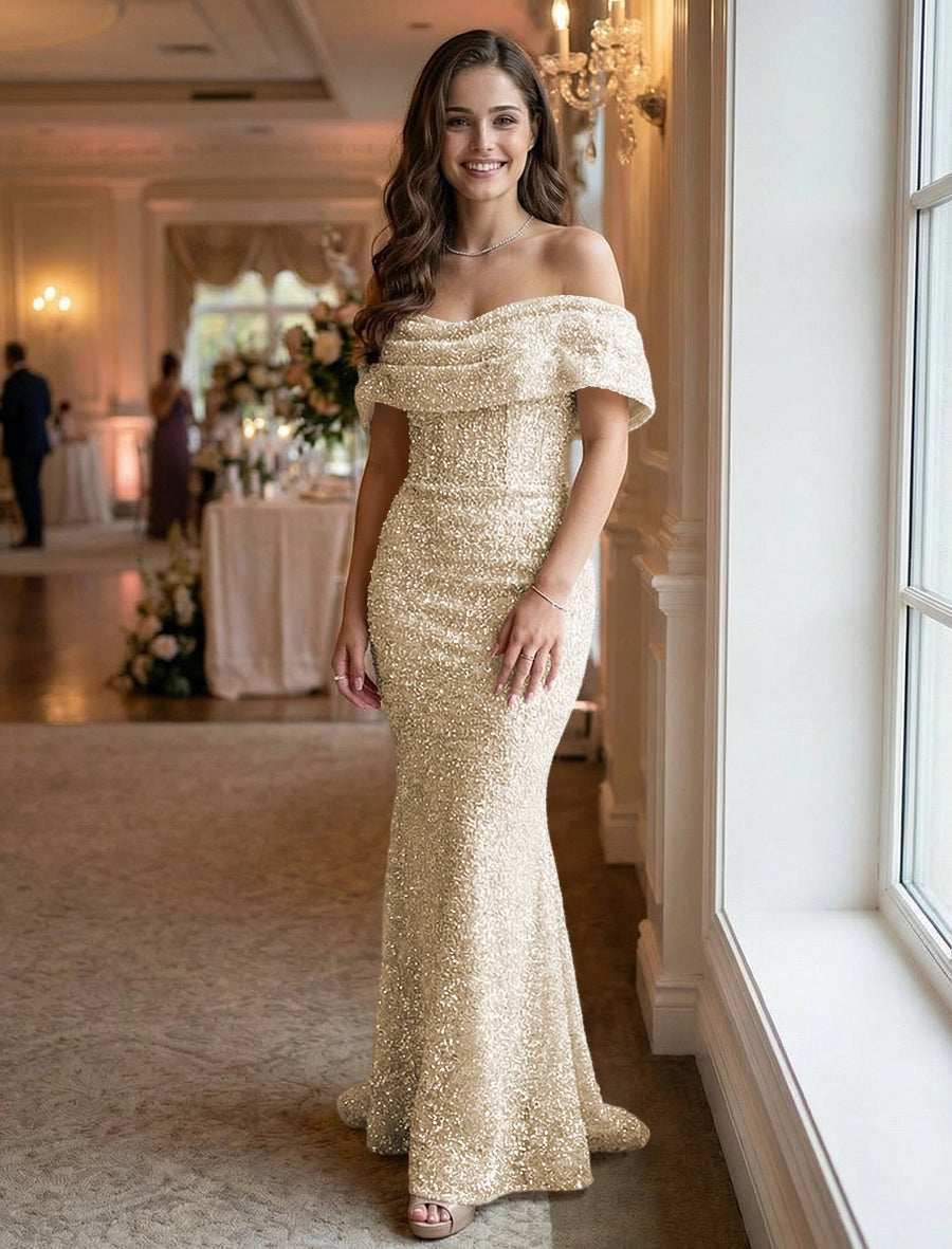Glamorous Mermaid Off-Shoulder Short-Sleeve Zipper-Back Floor-Length Evening Dress