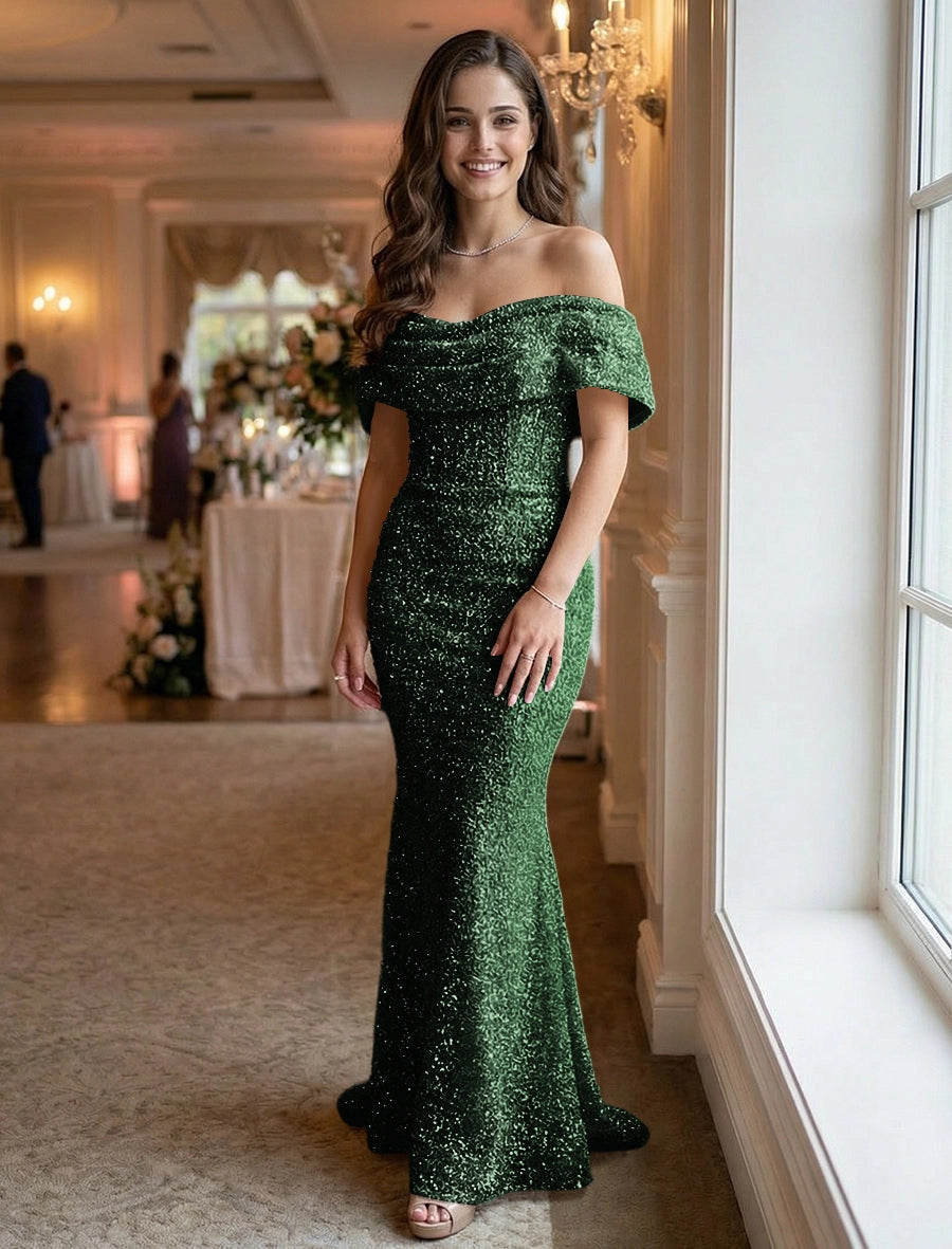 Glamorous Mermaid Off-Shoulder Short-Sleeve Zipper-Back Floor-Length Evening Dress