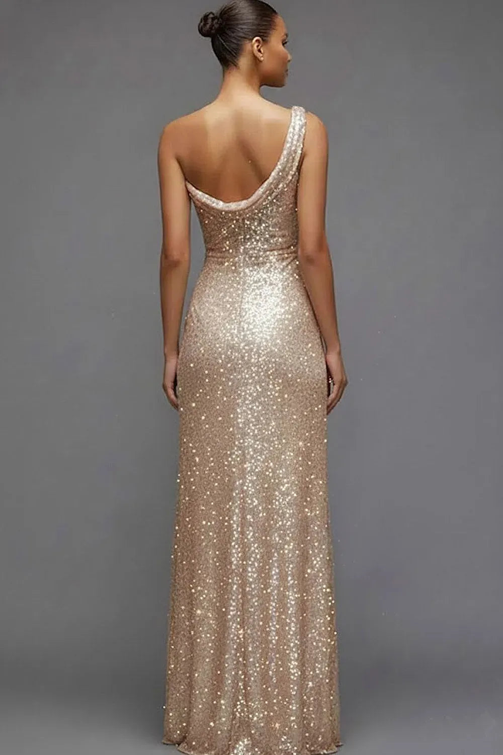 Champagne Sequin Sheath One Shoulder Sleeveless Scoop Back Floor Length Evening Dress
