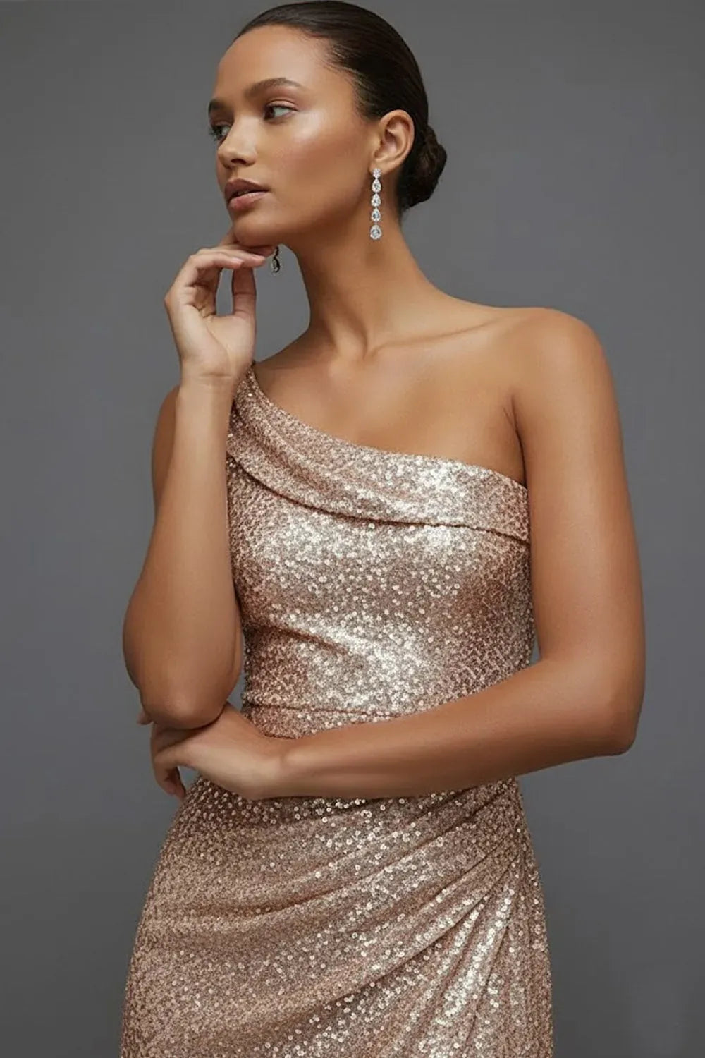 Champagne Sequin Sheath One Shoulder Sleeveless Scoop Back Floor Length Evening Dress