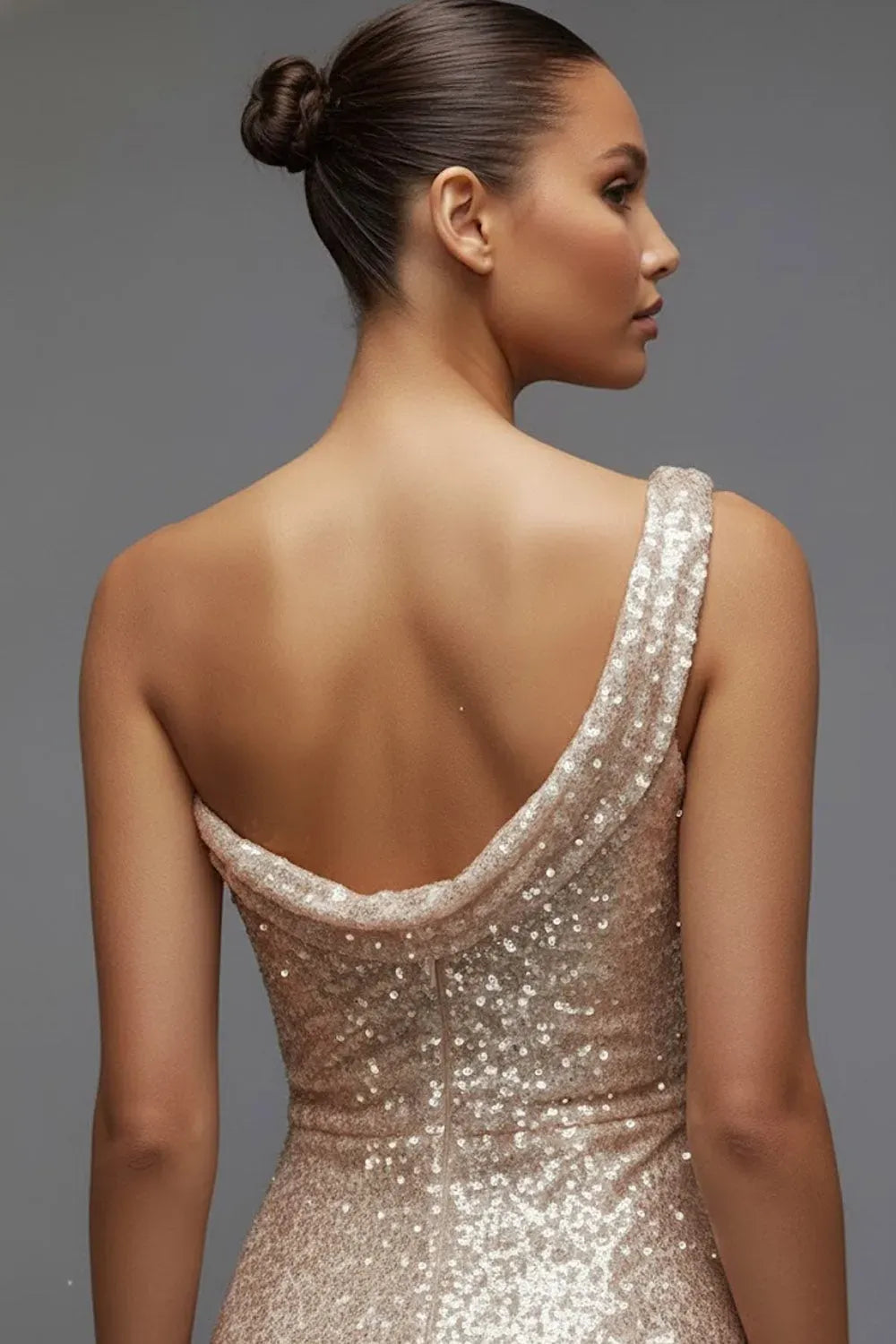 Champagne Sequin Sheath One Shoulder Sleeveless Scoop Back Floor Length Evening Dress