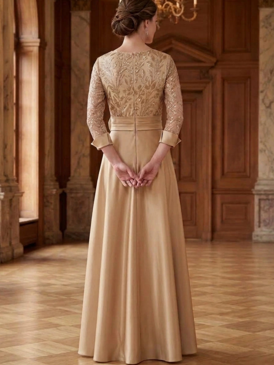 Sophisticated A-Line V-Neck 3/4 Sleeve Zipper Back Front Slit Floor Length Mother of the Bride Dress