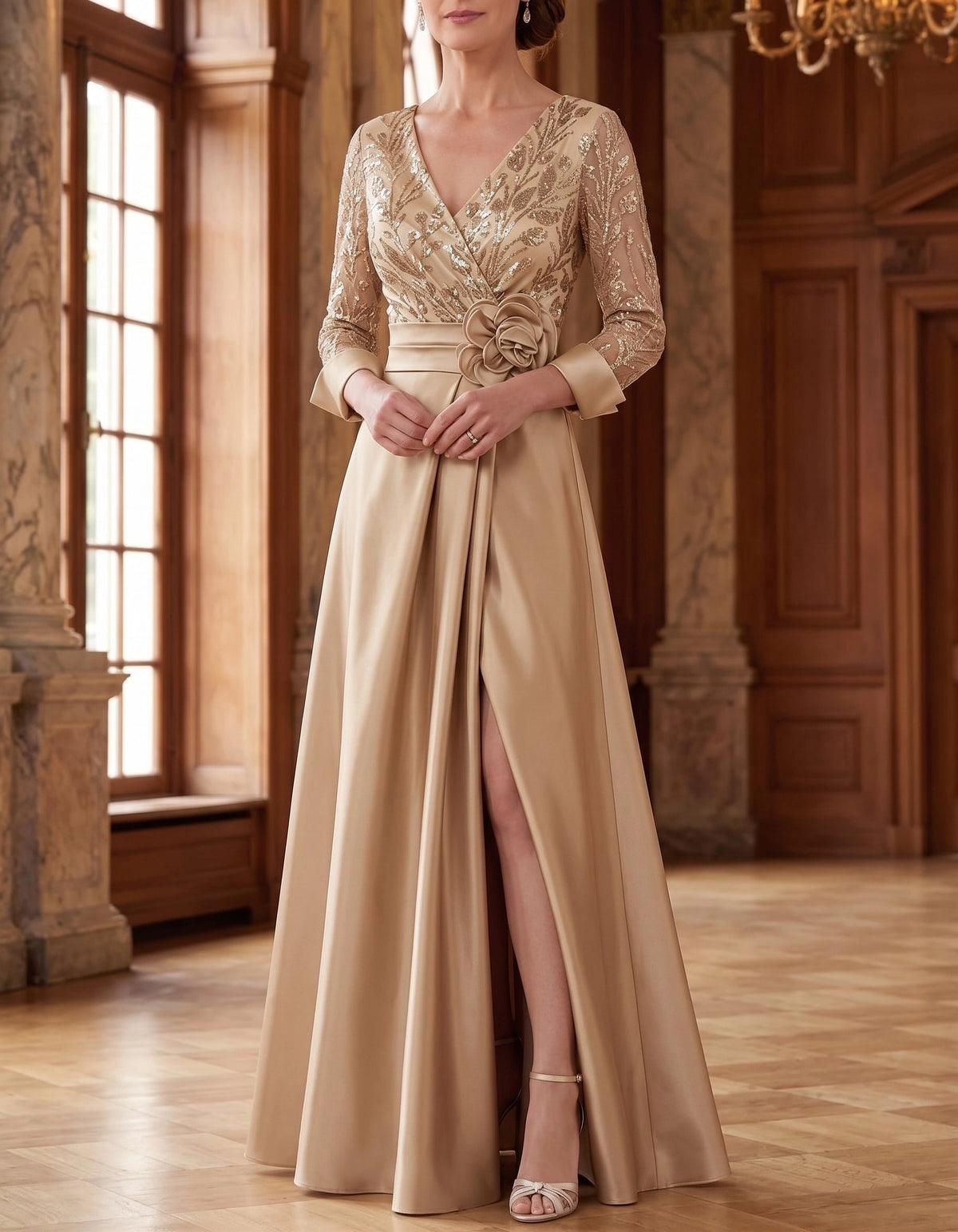 Champagne A-line Mother of the Bride Dress with sequin V-neck bodice floral waist detail and front slit by Loverlm