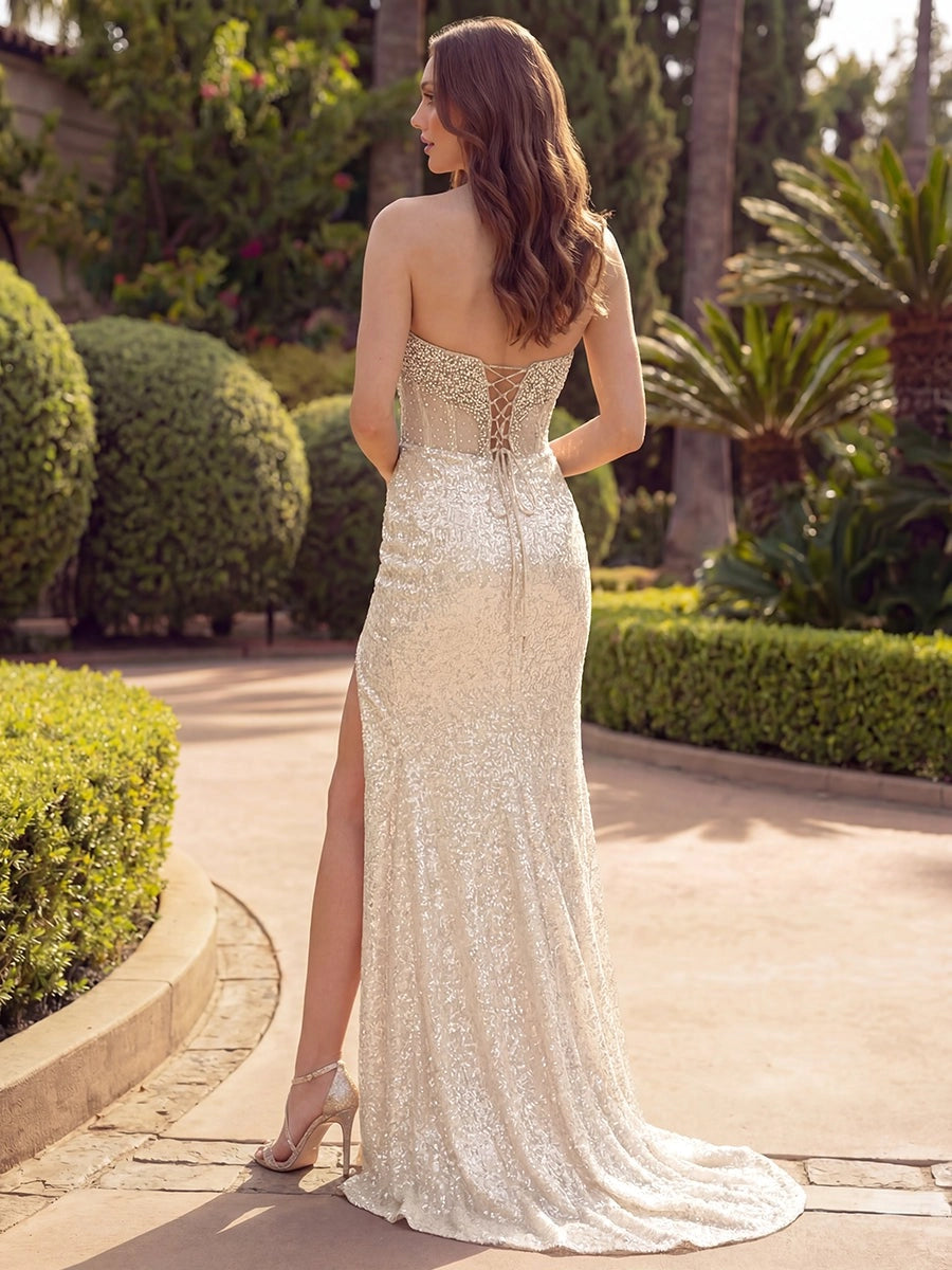 Sparkling Sequin Mermaid Scoop-Neck Strapless Corset Slit Sweep-Train Floor-Length Prom Dress