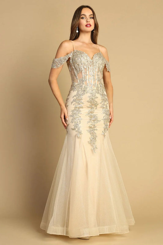 Loverlm champagne silver embroidered sweetheart mermaid prom dress front view