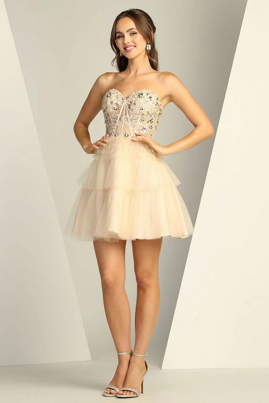 Loverlm champagne sweetheart embellished tulle mini homecoming dress front view
