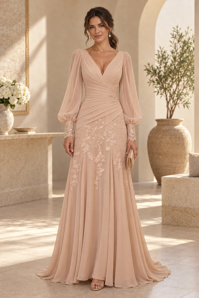 Loverlm champagne beige Mother of the Bride dress with deep V-neck, sheer bishop sleeves, ruched waist and floral lace mermaid skirt front view