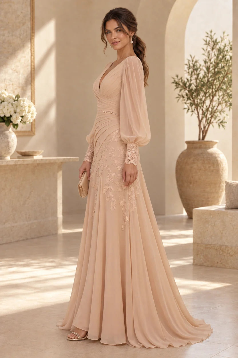 Elegant Mermaid V-Neck Long Sleeve Chiffon Mother of the Bride Dress