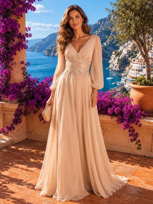 Loverlm champagne mother of the bride dress with V-neck bishop sleeves embellished waist and flowing floor-length A-line skirt