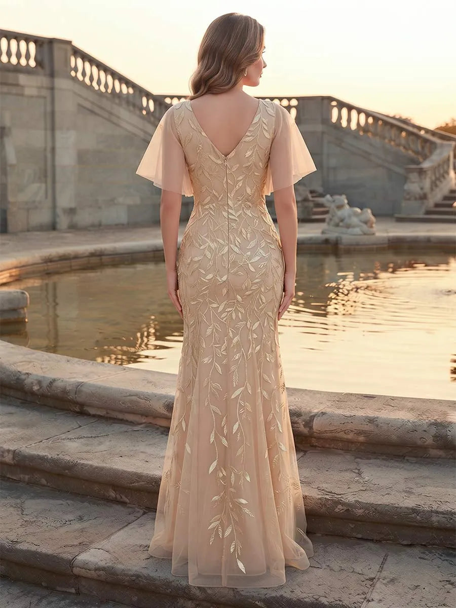 Elegant Sheath V-Neck Flutter-Sleeve Zipper-Back Floor-Length Mother of the Bride Dress