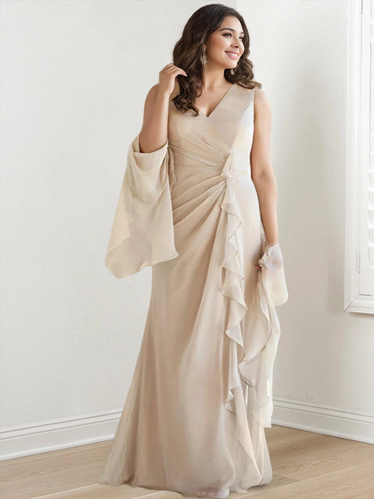 Champagne Mother of the Bride Dress with V-neckline, sleeveless wrap-style bodice, ruched waist, cascading side ruffles and floor-length skirt by Loverlm.