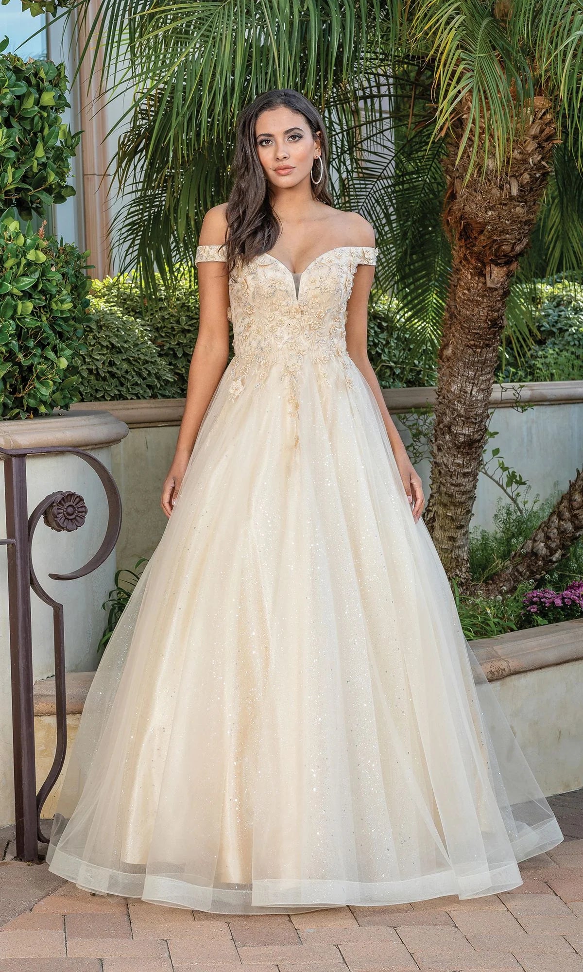 Enchanting A-Line V-Neck Off Shoulder Tulle Floor Length Prom Dress