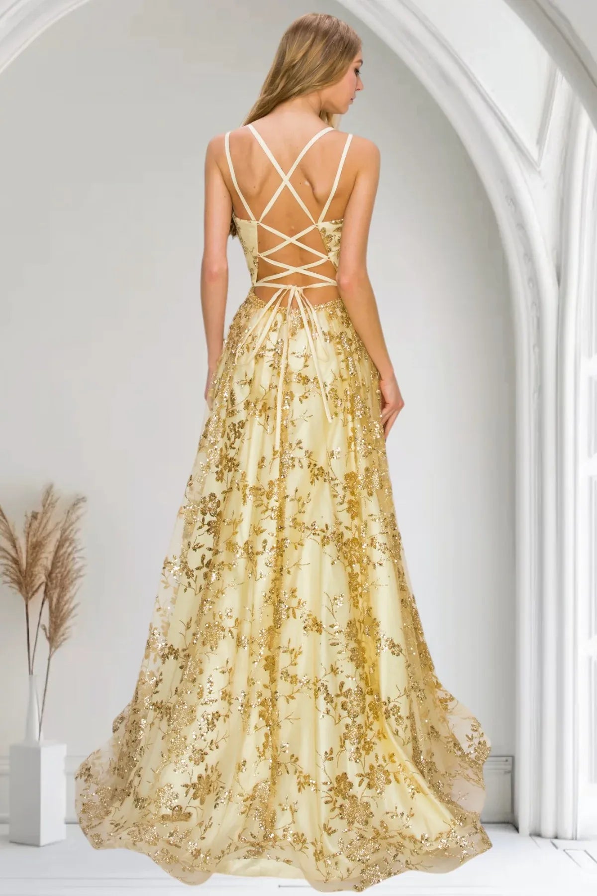 Elegant A-Line V-Neck Spaghetti Strap Lace-Up Back Floor-Length Prom Dress