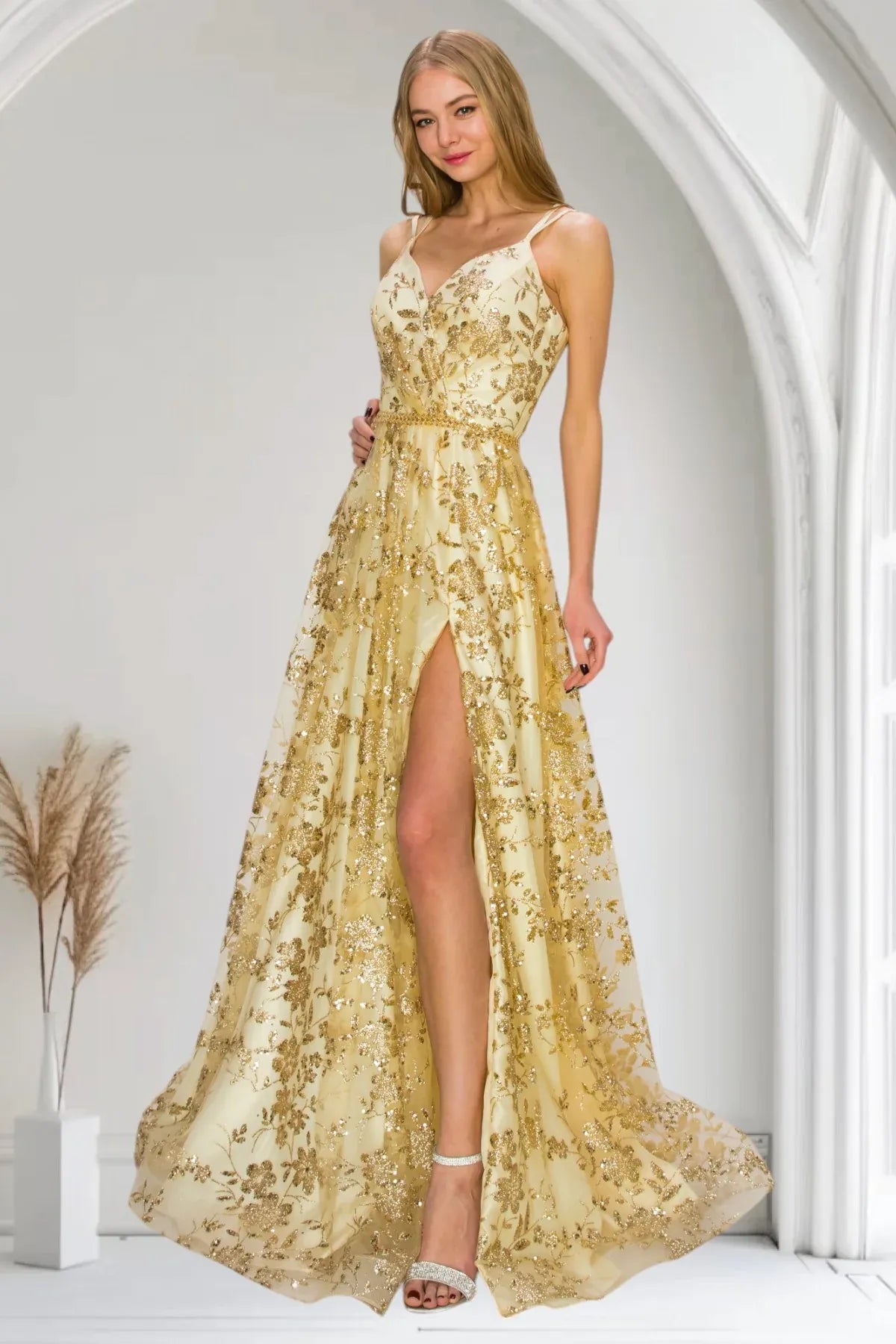Elegant A-Line V-Neck Spaghetti Strap Lace-Up Back Floor-Length Prom Dress