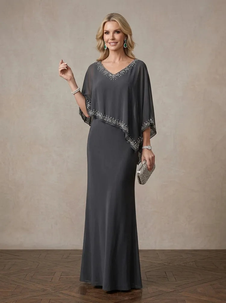 Loverlm charcoal gray Mother of the Bride dress with beaded V-neck cape sleeves embellished trim and floor-length sheath skirt
