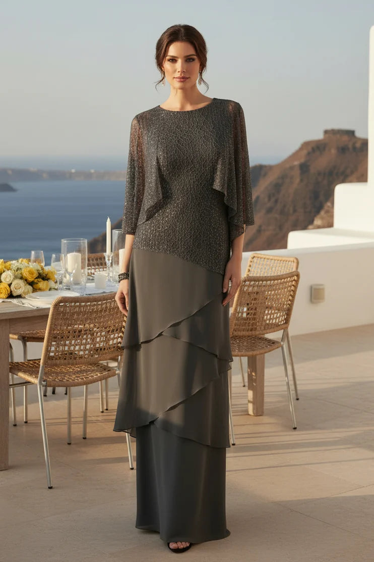 Loverlm charcoal gray Mother of the Bride dress with round neckline, glitter sheer cape sleeves, metallic bodice and asymmetric tiered chiffon skirt front view