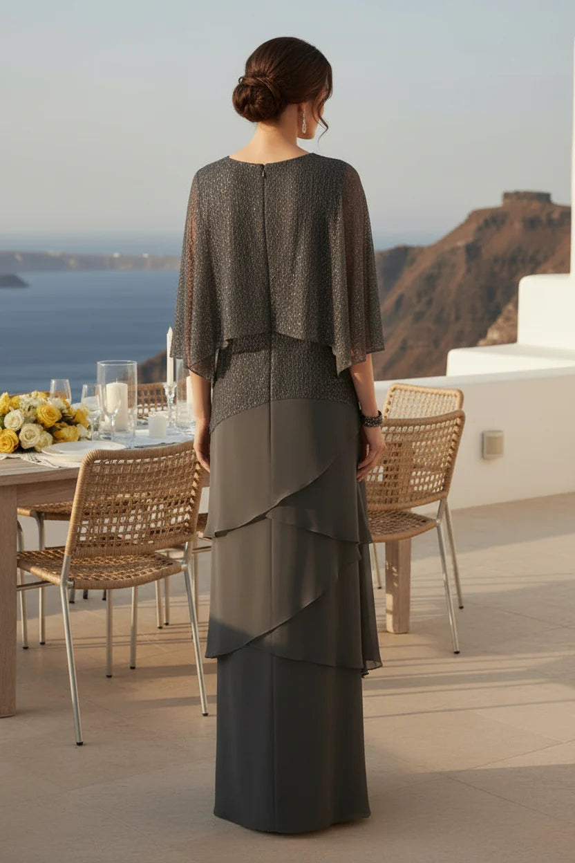 Elegant Sheath Round Neck Cape Sleeve Chiffon Mother of the Bride Dress