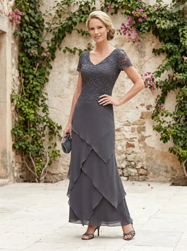 Loverlm charcoal gray Mother of the Bride dress with V-neck lace bodice short sleeves and layered floor-length chiffon skirt