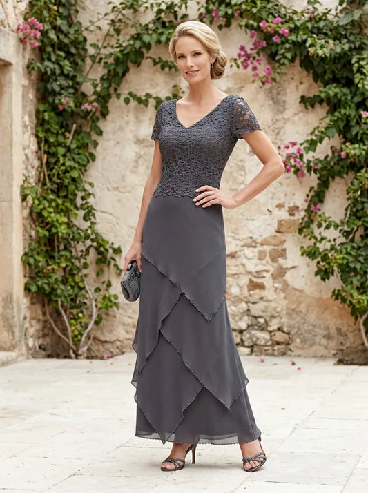 Loverlm charcoal gray Mother of the Bride dress with V-neck lace bodice short sleeves and layered floor-length chiffon skirt