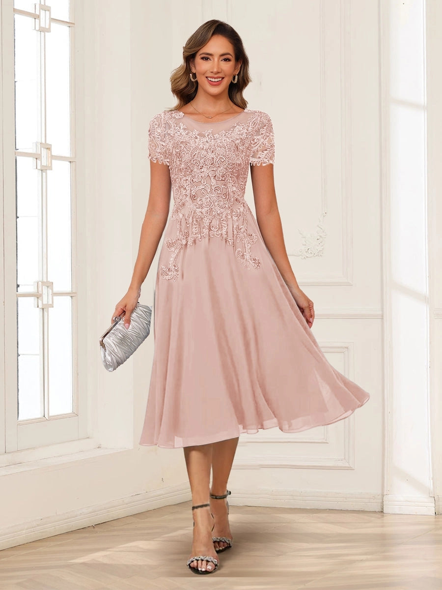 Elegant Charcoal A-Line Illusion-Neck Cap-Sleeve V-Back Tea-Length Mother of the Bride Dress