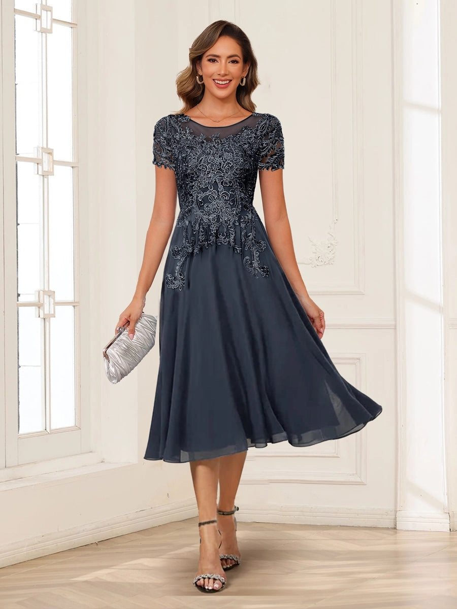 Elegant Charcoal A-Line Illusion-Neck Cap-Sleeve V-Back Tea-Length Mother of the Bride Dress