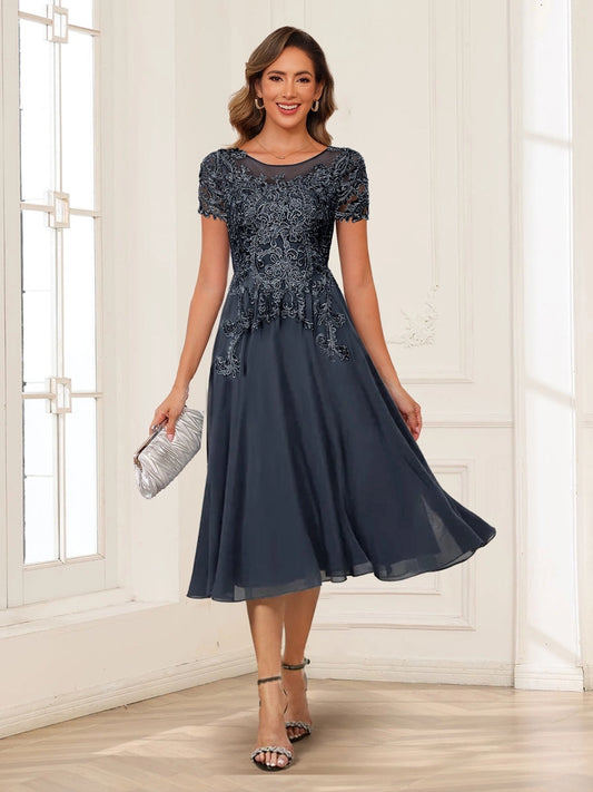 Elegant Charcoal A-Line Illusion-Neck Cap-Sleeve V-Back Tea-Length Mother of the Bride Dress