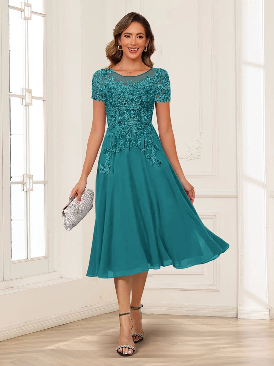 Elegant Charcoal A-Line Illusion-Neck Cap-Sleeve V-Back Tea-Length Mother of the Bride Dress