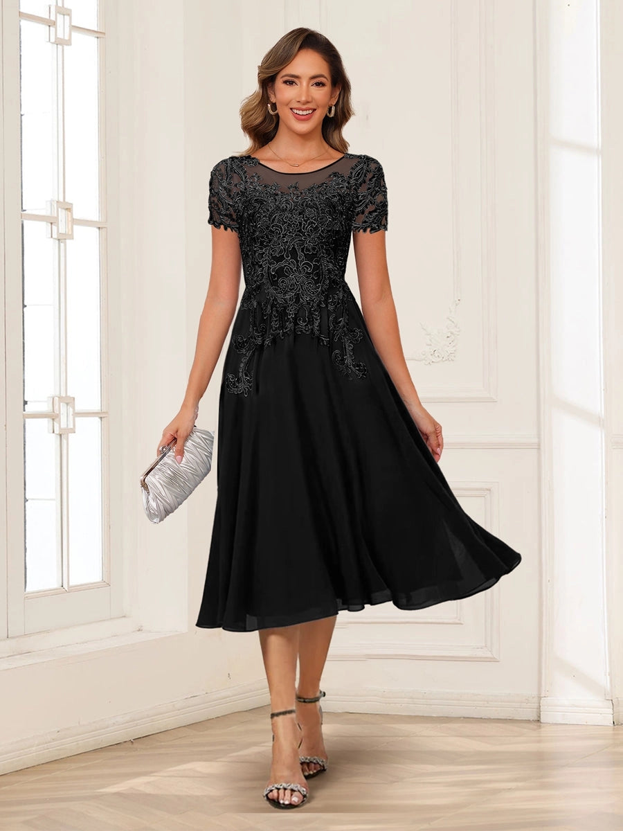 Elegant Charcoal A-Line Illusion-Neck Cap-Sleeve V-Back Tea-Length Mother of the Bride Dress