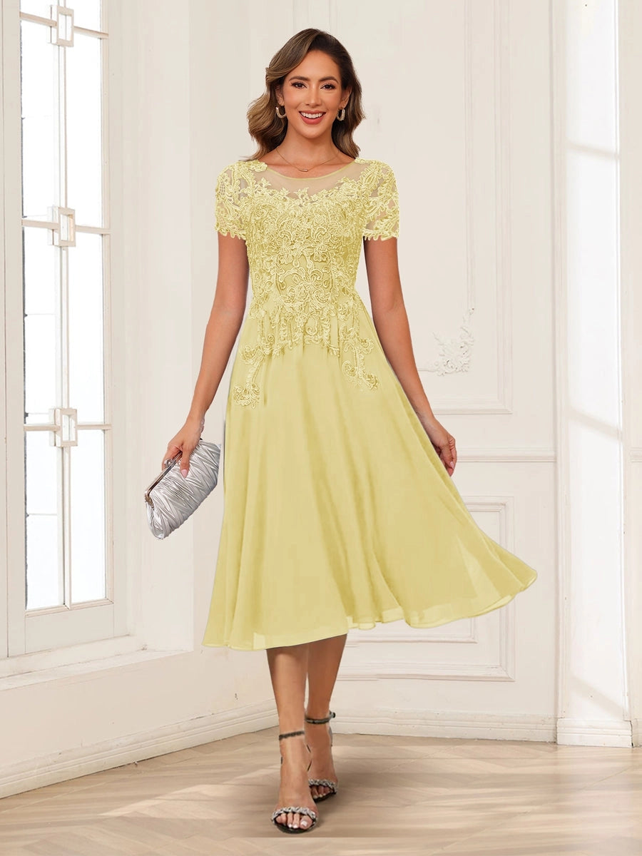 Elegant Charcoal A-Line Illusion-Neck Cap-Sleeve V-Back Tea-Length Mother of the Bride Dress