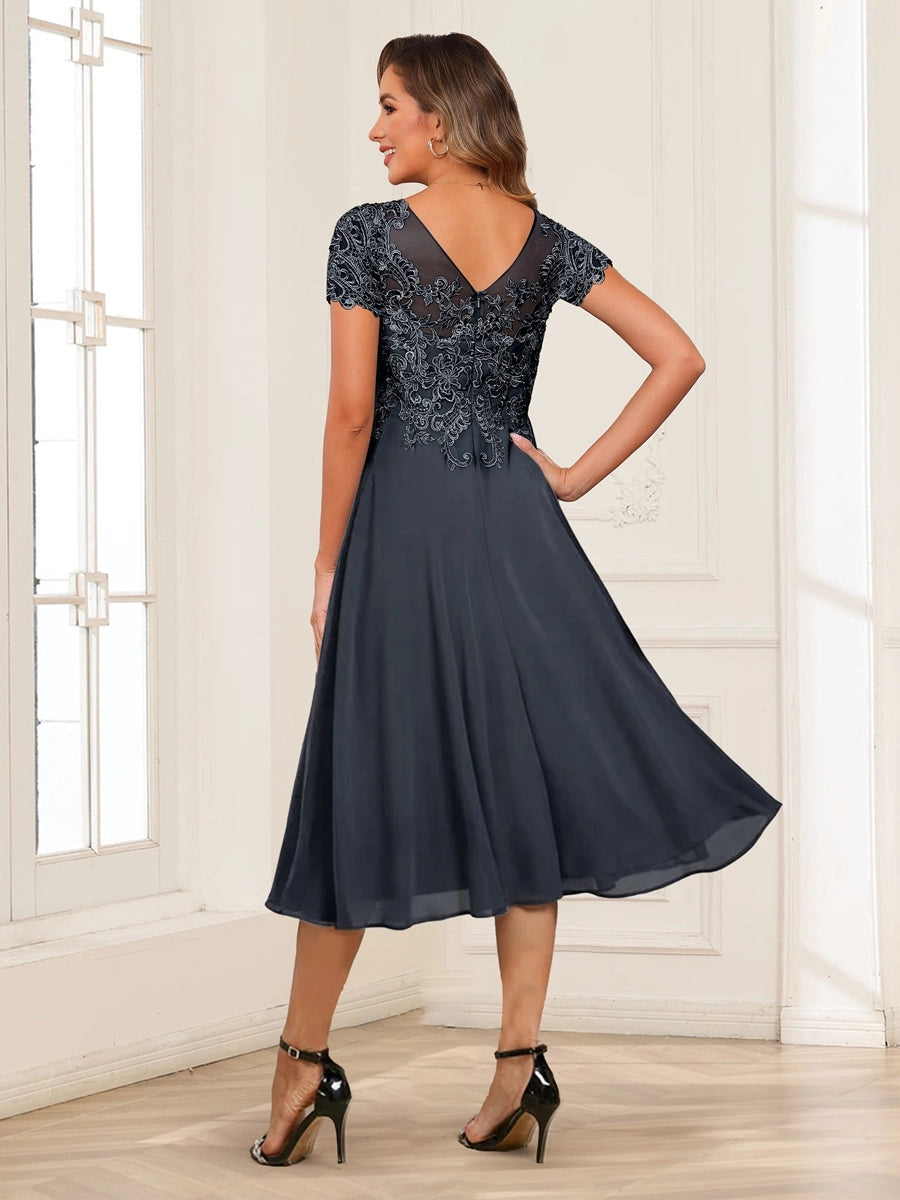 Elegant Charcoal A-Line Illusion-Neck Cap-Sleeve V-Back Tea-Length Mother of the Bride Dress