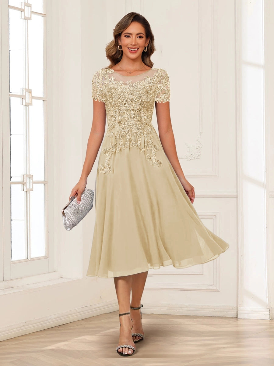 Elegant Charcoal A-Line Illusion-Neck Cap-Sleeve V-Back Tea-Length Mother of the Bride Dress