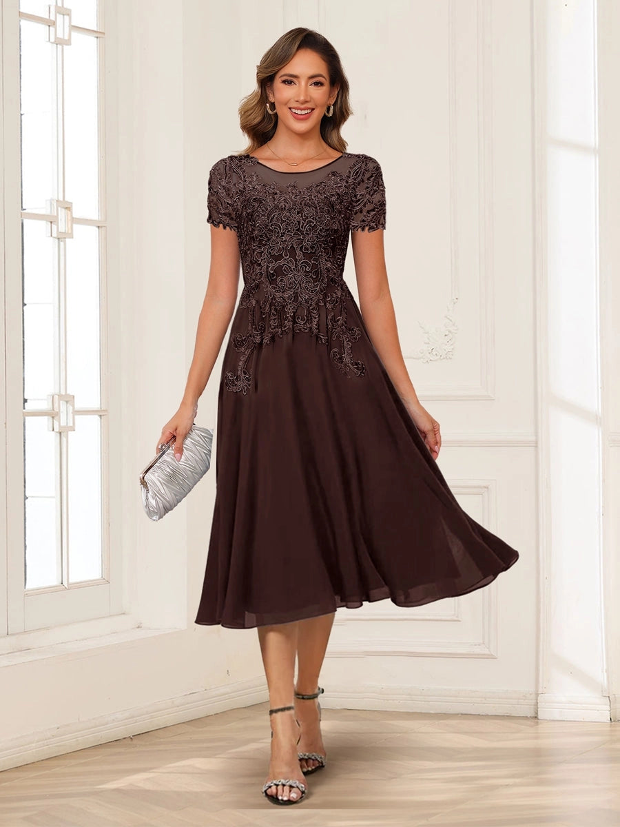 Elegant Charcoal A-Line Illusion-Neck Cap-Sleeve V-Back Tea-Length Mother of the Bride Dress